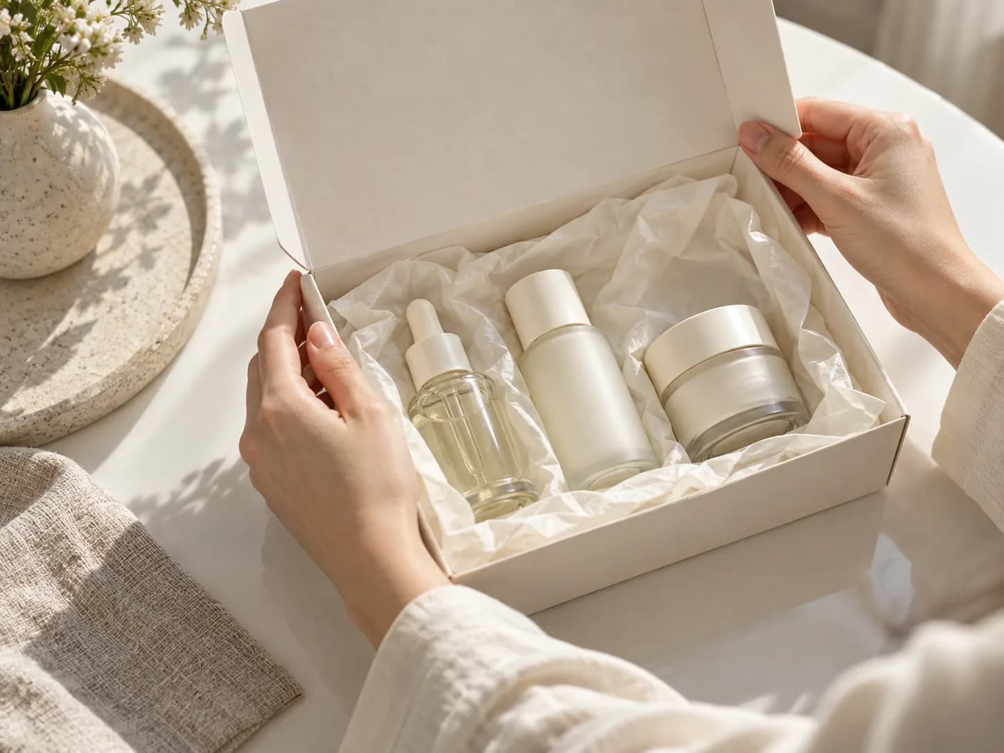 Manos abriendo una caja con muestras de productos de belleza