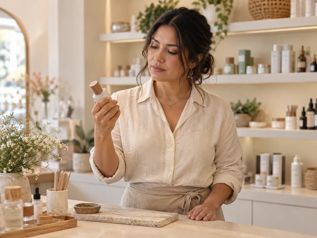 Compradora de belleza evaluando un producto para el cuidado de la piel